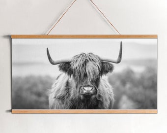 Large Size Black and  White Highland Cow-  Canvas Wall Art - Shaggy Scottish Bull