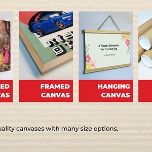 Puede incluir: Imagen que muestra opciones de arte en lienzo: lienzo estirado, enmarcado, colgante e impresiones en lienzo. Cada estilo se muestra con una imagen diferente, incluyendo una escena de fantas&iacute;a, un coche, una cita y impresiones enrolladas. Texto: "Lienzos de calidad premium con muchas opciones de tama&ntilde;o."