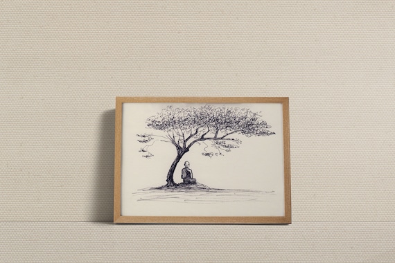 Monk Meditating Canvas Art: Buddhism Ink Pen Drawing