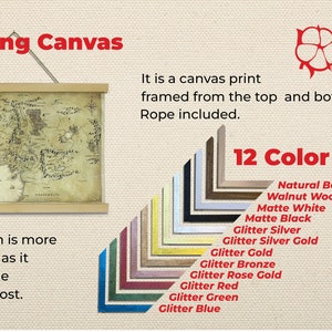 Puede incluir: Impresi&oacute;n en lienzo colgante de un mapa, enmarcada en la parte superior e inferior con una cuerda para colgar. La imagen muestra una variedad de colores de marco, incluyendo madera natural, negro mate y acabados brillantes. El texto dice "100% Cotton Canvas."