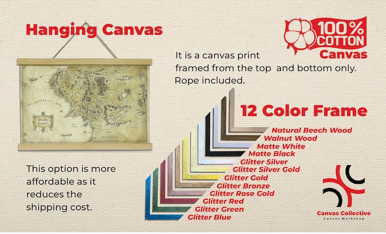 Puede incluir: Impresi&oacute;n en lienzo colgante de un mapa, enmarcada en la parte superior e inferior con una cuerda para colgar. La imagen muestra una variedad de colores de marco, incluyendo madera natural, negro mate y acabados brillantes. El texto dice "100% Cotton Canvas."