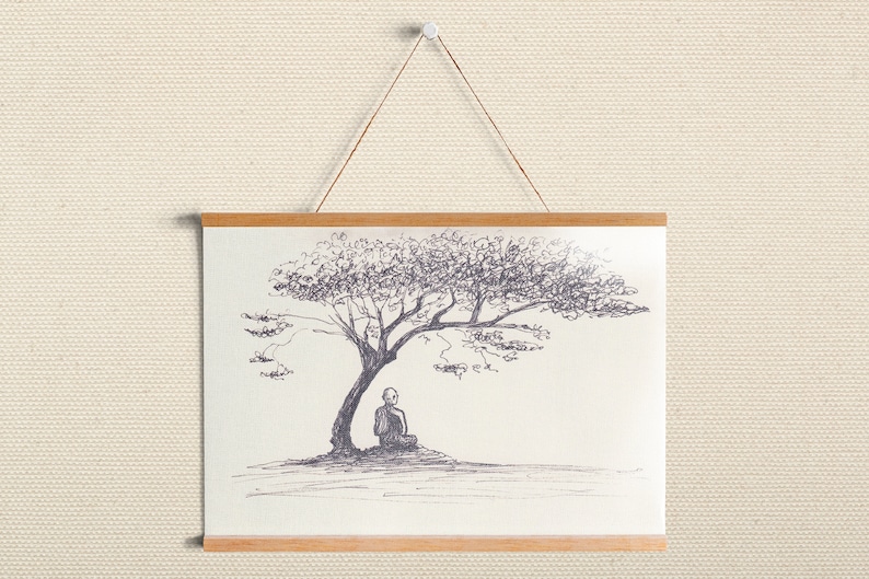 May include: A pen and ink drawing of a person meditating under a tree. The artwork is displayed on a white canvas with wooden bars at the top and bottom. A string is used to hang the artwork.