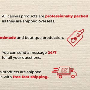 Puede incluir: Imagen con iconos y texto rojos sobre fondo beige. El texto indica que los productos de lienzo est&aacute;n embalados profesionalmente, son hechos a mano y se env&iacute;an a todo el mundo. Tambi&eacute;n menciona atenci&oacute;n al cliente 24/7. El logotipo de Canvas Collective est&aacute; presente.