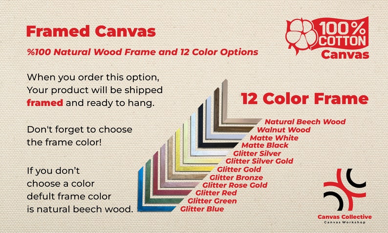 Puede incluir: Lienzo enmarcado con marco de madera natural y 12 opciones de color. La imagen muestra muestras de color de marco, incluyendo madera de haya natural, madera de nogal, blanco mate y plata brillante. El texto indica que el lienzo es 100% algod&oacute;n.