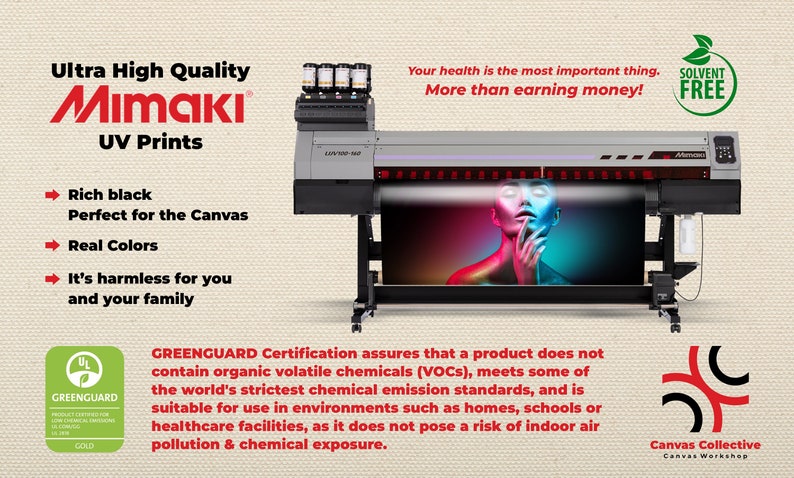 Puede incluir: Se muestra una impresora UV Mimaki, que promociona impresiones de alta calidad. La imagen destaca las impresiones "Ultra High Quality" con "Rich black" y "Real Colors". El texto enfatiza la seguridad y el medio ambiente con la certificaci&oacute;n "SOLVENT FREE" y "GREENGUARD".