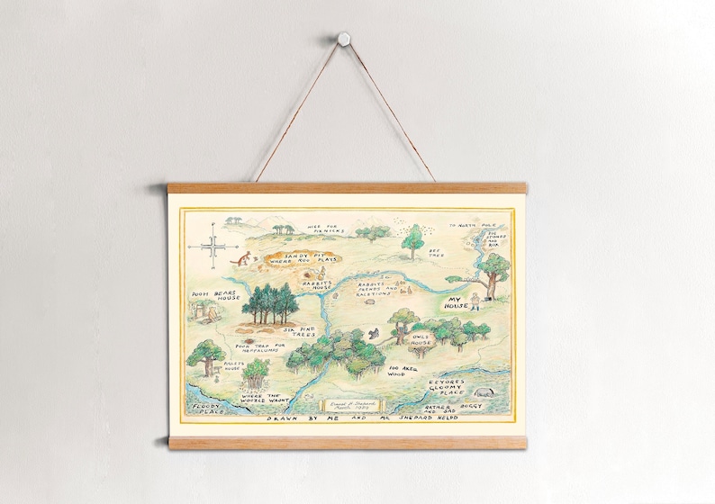 May include: A hand-drawn map of the Hundred Acre Wood from Winnie the Pooh, featuring locations like Pooh Bear's House, Rabbit's House, Owl's House, and the North Pole. The map is drawn in pencil and watercolor on a cream-colored background.