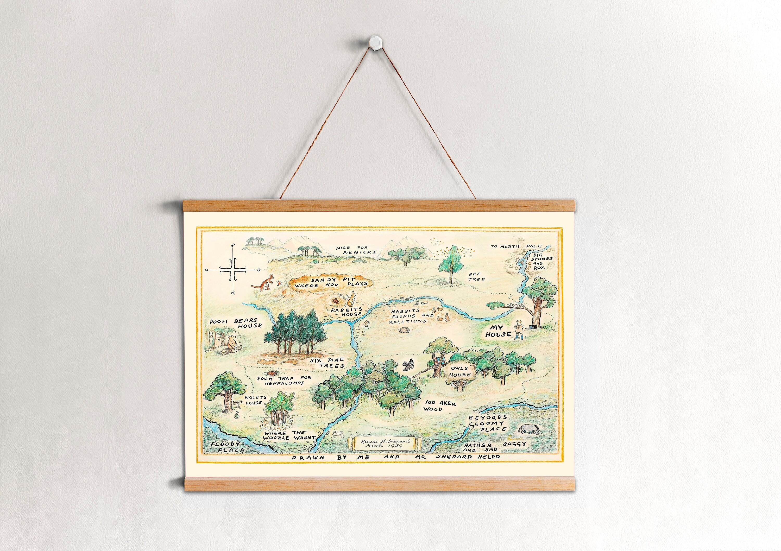 Winnie the Pooh Canvas Hanging Map - 100 Acre Wood Map - Kids Room Wall Decor