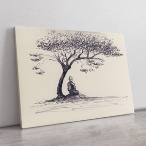 May include: Pen and ink drawing of a person meditating under a tree. The artwork is on a canvas with a neutral background. The tree has a full canopy, and the person is seated in a meditative pose, creating a serene and contemplative scene.