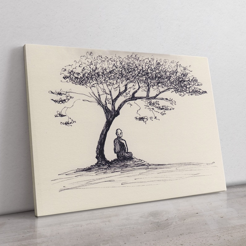 May include: Pen and ink drawing of a person meditating under a tree. The artwork is on a canvas with a neutral background. The tree has a full canopy, and the person is seated in a meditative pose, creating a serene and contemplative scene.