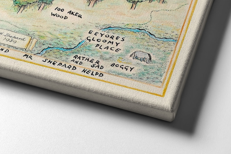 May include: A hand-drawn map of the Hundred Acre Wood from Winnie the Pooh, featuring Eeyore's Gloomy Place, a river, and the text "Rather Sad and Helpd".