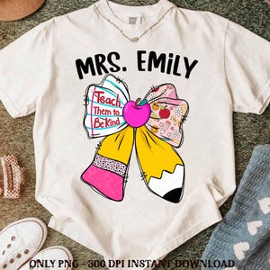Preppy Coquette Teacher PNG, Personalized Name Pencil Design, Back To School Png, Teacher Bow PNG, Cute Appreciation Gift Sublimation