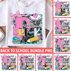Preppy Back to School PNG Bundle, Hello Kindergarten Pre-K 1st 2d 3d 4th 5th Grades Png, Coquette First day Hand Drawn Teacher Girl