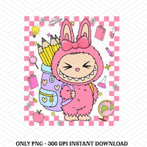 Cartoon School Labubu Girl Png, Labubu Back to School PNG, Cute Cartoon Doll Clipart for Kids, Funny School Design for Shirts