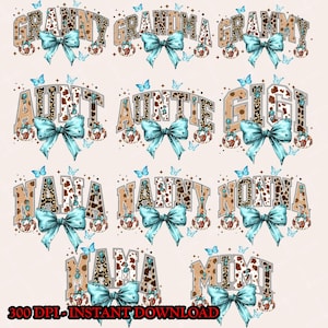 Puede incluir: Diseños digitales con nombres como "Granny", "Grandma" y "Auntie" en una fuente de estilo occidental. Cada diseño incluye un lazo turquesa, mariposas y una calabaza. El texto "300 DPI - INSTANT DOWNLOAD" está en la parte inferior.