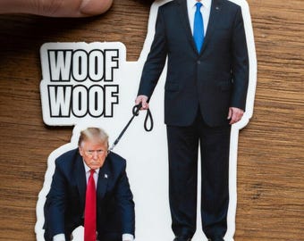 Sticker américain Trump et Netanyahu, Netanyahu promenant un chien de Trump, Sticker caricature satire politique, Sticker anti Trump