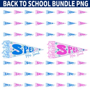 Paquete de más de 50 PNG de regreso a clases, clipart para maestros de preescolar, diseño de banderín y lazo coqueto, camiseta con espíritu escolar de la generación del milenio