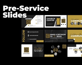 Church Preservice Slides In editable Canva template black and gold.