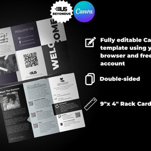 Modèle de toile de brochure d'église. Modèle en trois volets d'informations modifiables en noir et blanc sur Canva.