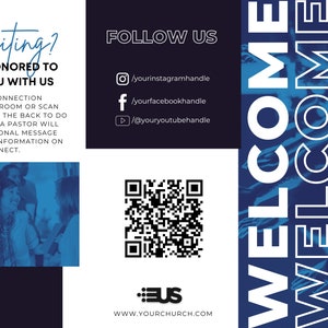 K&ouml;nnte beinhalten: Ein Willkommenszeichen mit blauem Hintergrund und wei&szlig;em Text, der in einer stilisierten Schriftart "WELCOME" lautet. Das Schild enth&auml;lt auch einen QR-Code und den Text "Visiting? We're honored to have you with us." und "FOLLOW US" mit Social-Media-Symbolen und Handles.