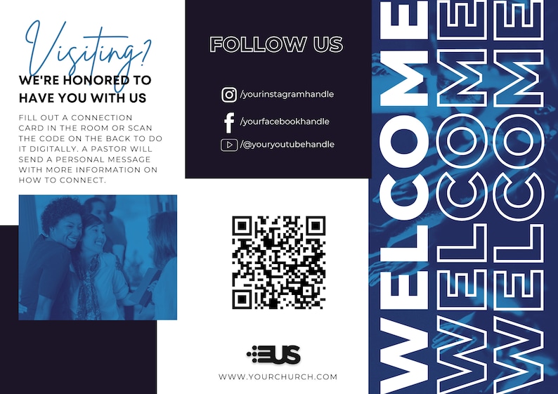 K&ouml;nnte beinhalten: Ein Willkommenszeichen mit blauem Hintergrund und wei&szlig;em Text, der in einer stilisierten Schriftart "WELCOME" lautet. Das Schild enth&auml;lt auch einen QR-Code und den Text "Visiting? We're honored to have you with us." und "FOLLOW US" mit Social-Media-Symbolen und Handles.