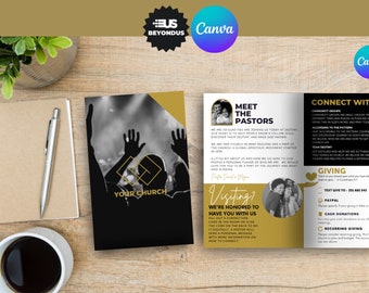 Church Bi Fold Brochure, Worship Guide Editable Canva Template. Modern church flyer, Editable information template in Canva.