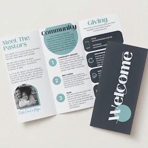 May include: A tri-fold brochure with a blue and gray color scheme. The front cover has the word "Welcome" in white text with a blue circle. The inside panels feature information about a church, including the pastors, community groups, next steps, and giving. The text includes the words "Meet the Pastors", "Community", "Giving", and "Next Steps".