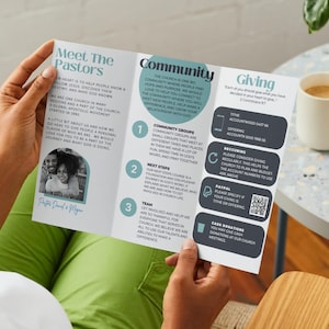 May include: A tri-fold brochure with a blue, green, and gray color scheme. The front cover features the text "Meet The Pastors" and a black and white photo of a couple. The inside panels feature the text "Community" and "Giving" with information about the church, including community groups, next steps, and giving options.
