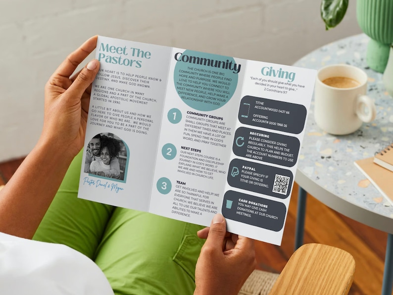 May include: A tri-fold brochure with a blue, green, and gray color scheme. The front cover features the text "Meet The Pastors" and a black and white photo of a couple. The inside panels feature the text "Community" and "Giving" with information about the church, including community groups, next steps, and giving options.