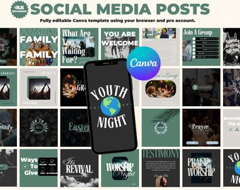May include: A collection of social media post templates for a church or religious organization. The templates feature a variety of themes, including family, youth night, worship night, prayer, and bible study. The templates are designed to be used on Canva.
