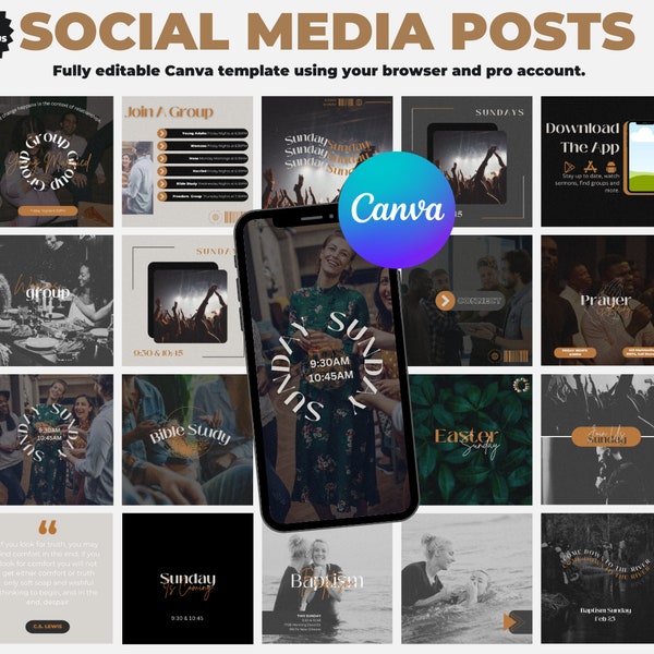 60 Social Media Templates | Editable In Canva | Canva Social Media Templates | Church Graphics I Eye-catching and warm.