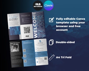 Church Brochure Canva Template. Blue Editable information tri fold template in Canva.