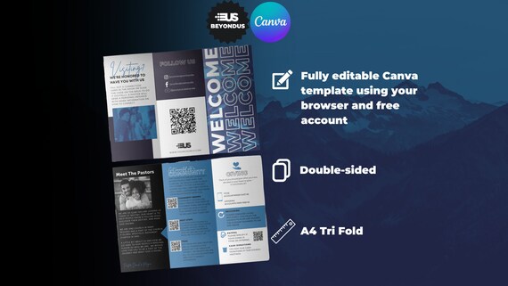 Church Brochure Canva Template. Blue Editable information tri fold template in Canva.