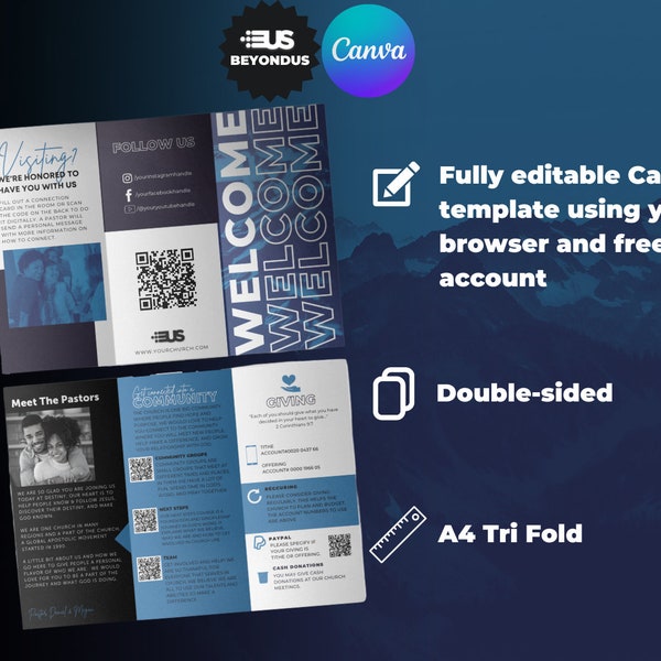 Church Brochure Canva Template. Blue Editable information tri fold template in Canva.