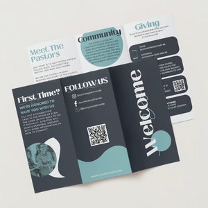 May include: A tri-fold welcome brochure for a church with a dark blue background and teal accents. The brochure has the words "Welcome", "Meet the Pastors", "First Time?", "Community", "Giving", and "Follow Us". It also includes QR codes and the church's website address.