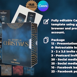 Grafisch kerstpakket voor de kerk. Presentatiedia's, uitnodigingskaarten, banners en posts op sociale media. Het verhaal van Kerstmis