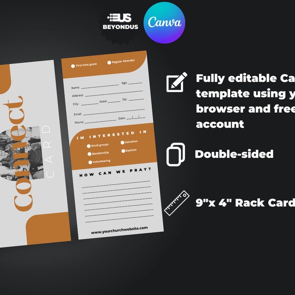 Church Connect Card Canva Template. Editable in Canva. Church welcome card.