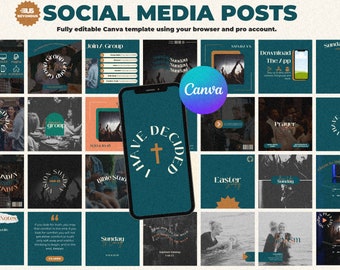 May include: A collage of social media posts for a church or religious organization. The posts feature images of people, text, and graphics. The posts are designed to be used on platforms like Instagram and Facebook. The posts include text such as "Ways to Give", "Join/Group", "Sunday Notes", "Download the App", "Vision Sunday", "I Have Decided", "Easter Sunday", and "Prayer".
