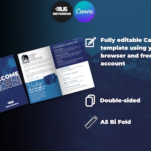 Church Bi Fold Brochure/Worship Guide Canva Template. Blue Editable information template in Canva.