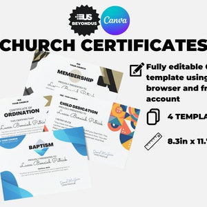 Plantillas de certificados de iglesias modernas. Certificado de bautismo, certificado de dedicación infantil, certificado de ordenación y certificado de membresía.