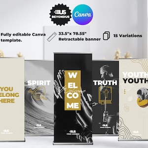 Church Retractable Banner Canva Template. Gold Roll-up banner editable template in Canva.