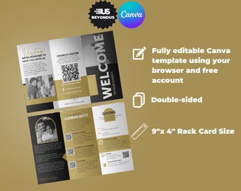 Church Brochure Canva Template. Gold and Black Editable information tri fold template in Canva.