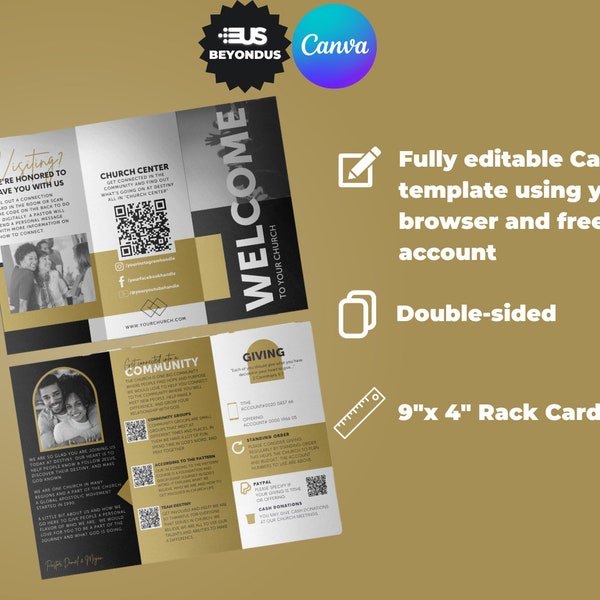 Church Brochure Canva Template. Gold and Black Editable information tri fold template in Canva.