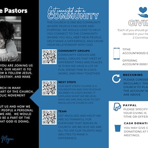 K&ouml;nnte beinhalten: Ein blauer und wei&szlig;er Flyer mit dem Titel "Meet The Pastors" und einem Foto eines Paares. Der Flyer enth&auml;lt auch Informationen &uuml;ber Gemeindegruppen, n&auml;chste Schritte, Team, Spenden und Kontaktinformationen.