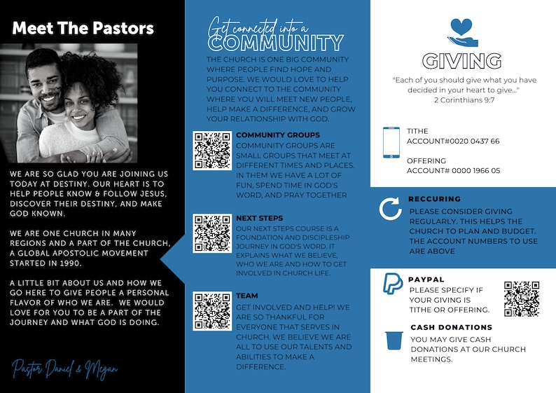 K&ouml;nnte beinhalten: Ein blauer und wei&szlig;er Flyer mit dem Titel "Meet The Pastors" und einem Foto eines Paares. Der Flyer enth&auml;lt auch Informationen &uuml;ber Gemeindegruppen, n&auml;chste Schritte, Team, Spenden und Kontaktinformationen.