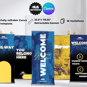 Church Retracable Banner Canva Template. Blue Roll-up banner editable template in Canva.