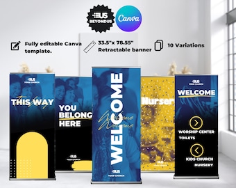 Plantilla Canva de banner retráctil de la iglesia. Plantilla editable de banner enrollable azul en Canva.