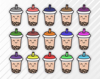 16 Kawaii Boba Tea SVG PNG set, bubble tea kawaii, cute bubble tea clip art, kawaii png, boba tea clip art, print stickers, commercial use