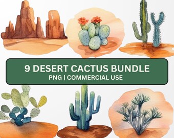 Watercolor Cactus Clipart Bundle, Cactus Bundle PNG, Desert Clipart Bundle, Watercolor Desert PNG, Western Clipart PNG, Commerical use