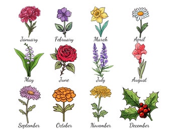 Birth Month Flower SVG Bundle, Birth Month Flowers svg png dxf, Wildflower svg, Birthday Flower png Bundle, Birthmonth Flower Clipart