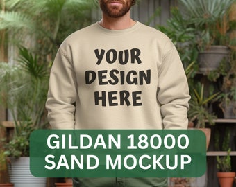 Male Gildan 18000 Mockup Sand Sweatshirt Sand Gildan Crewneck Mockup Gildan Crewneck Mock Sand Color Gildan 18000 Mockup